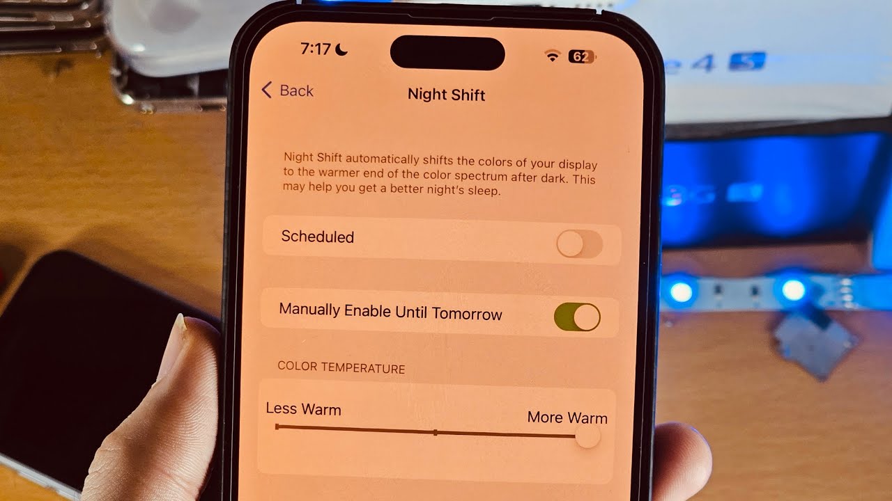 Phone screen with blue light filter and night mode enabled